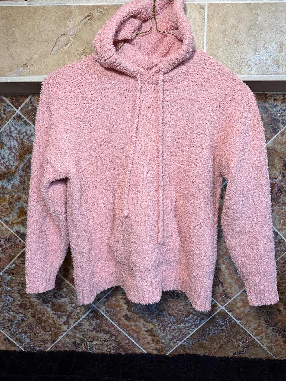 Say What? Pink Bouclé Knit Hoodie Pullover Fuzzy Sweater Size M Cozy Soft